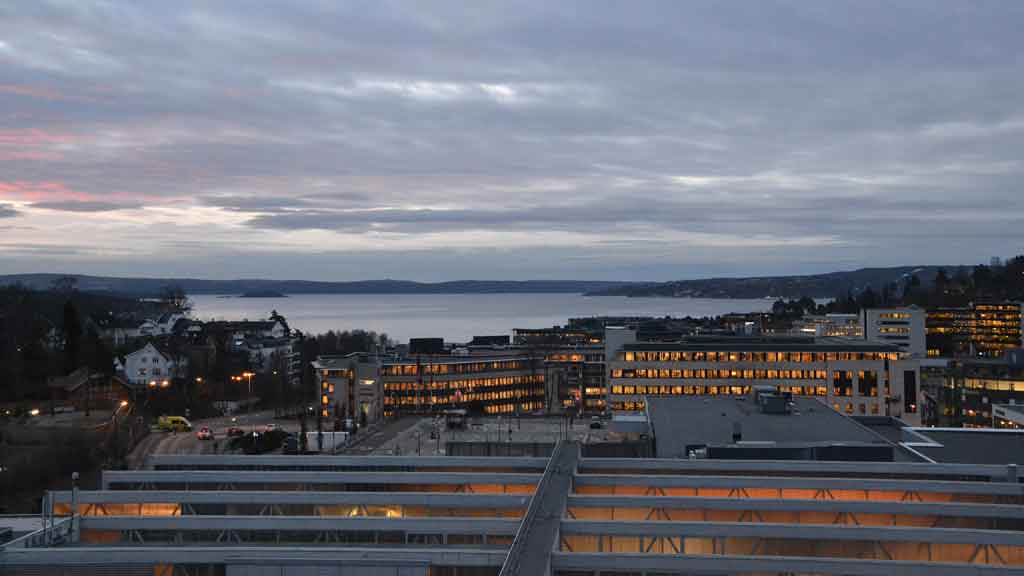 Solnedgang fra NEKs lokaler i Mustadsvei 1 på Lilleaker